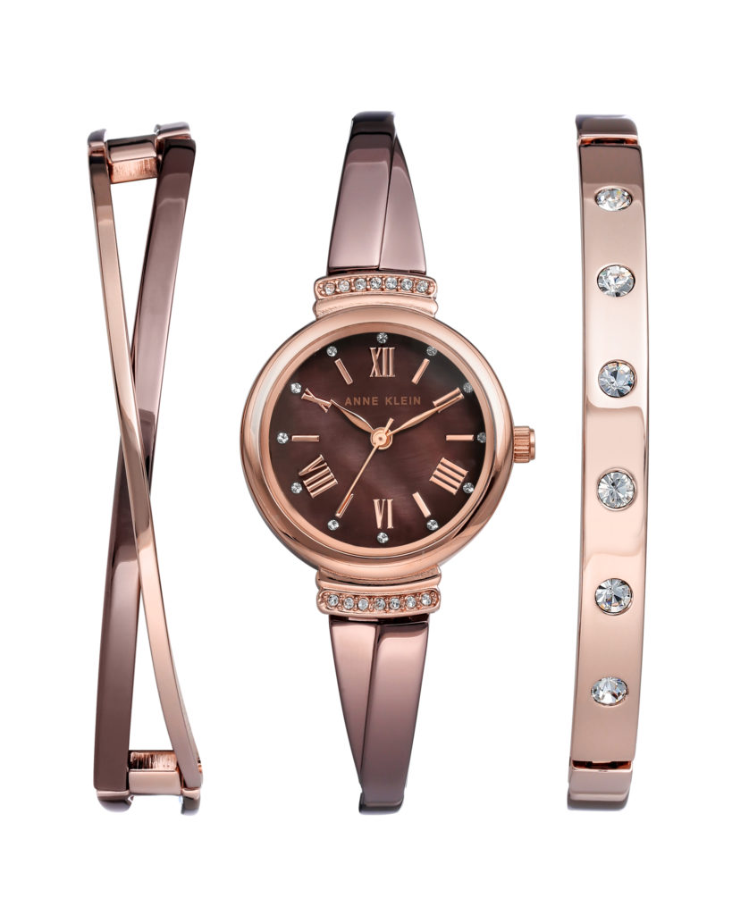 Anne Klein rose gold tone set with Swarovski crystals and mother-of-pearl dial. $175