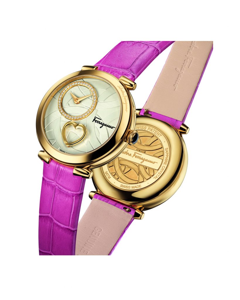 Cuore by Ferragamo watch with textured dial, diamonds and beating heart. It retails for $2,595.