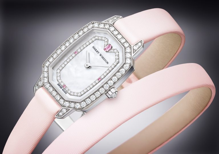 Baselworld 2018: Harry Winston Emerald Watch with diamonds, pink sapphires, pink double-wrap strap.